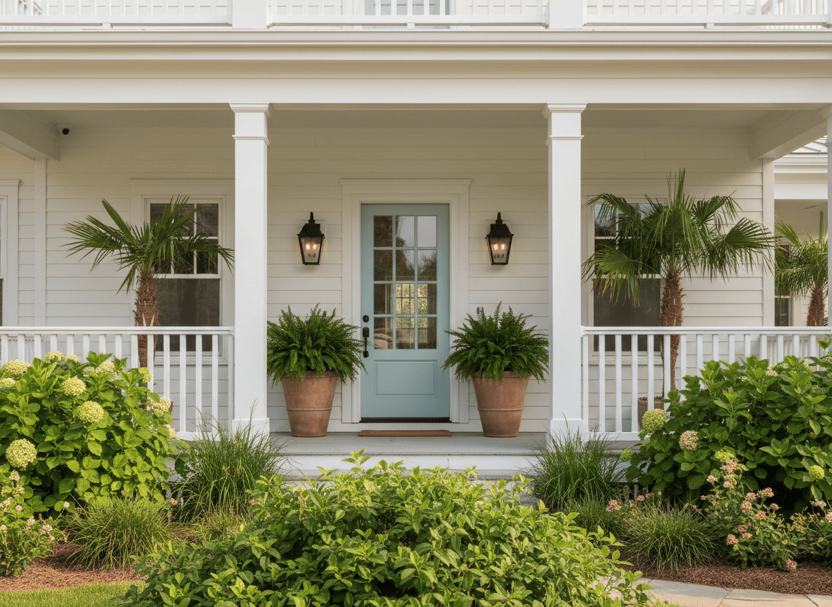 Front porch of a white coastal cottage with a sage-blue door and lanterns