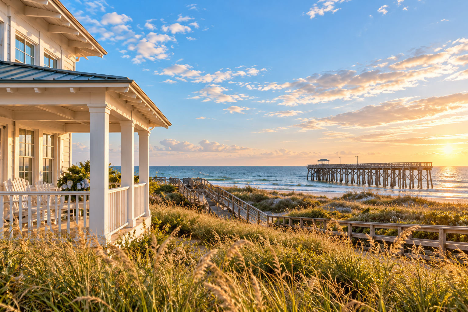 Coastal cottage, fishing pier and sea oats at golden hour
