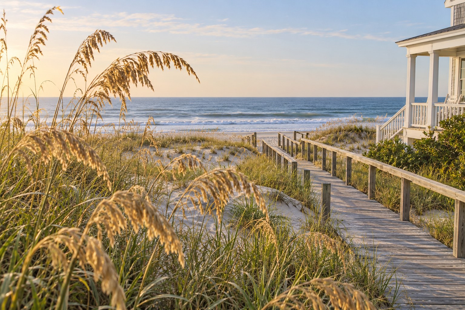 Carolina coast with sea oats and a beach walkway