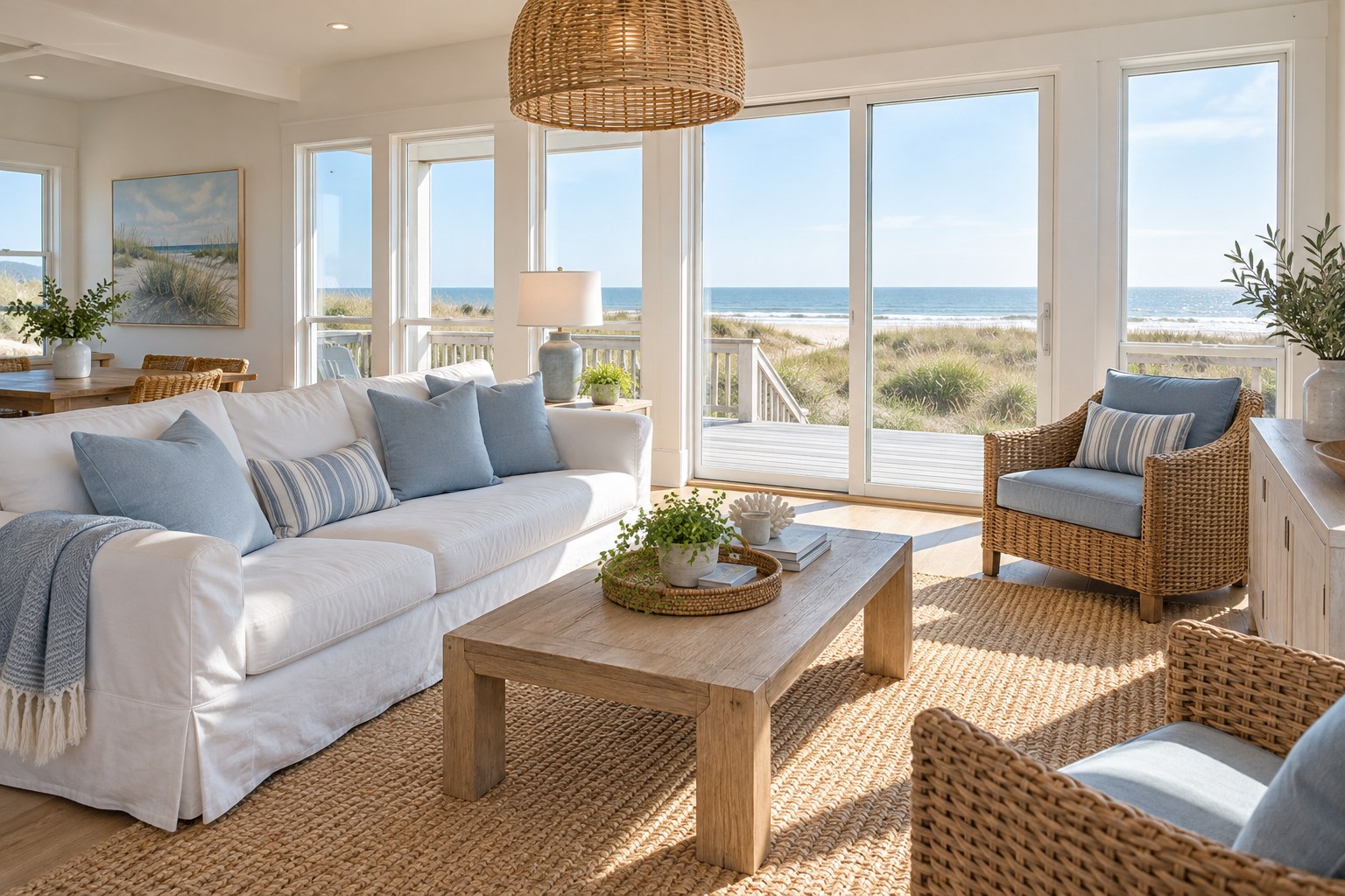 Bright coastal living room with ocean views