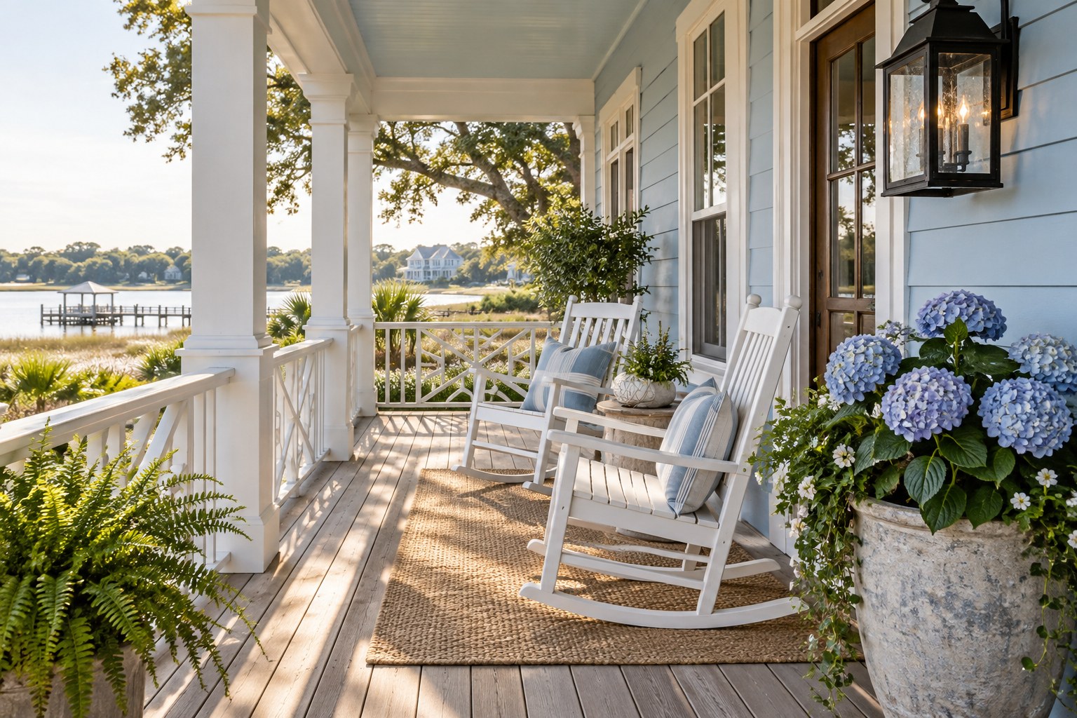Coastal porch with white rocking chairs and hydrangeas